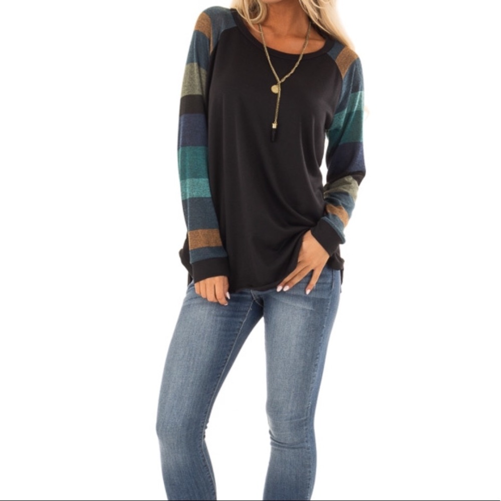 SZ S-M Black Top Long Multi Color Striped Sleeves - Picture 4 of 8